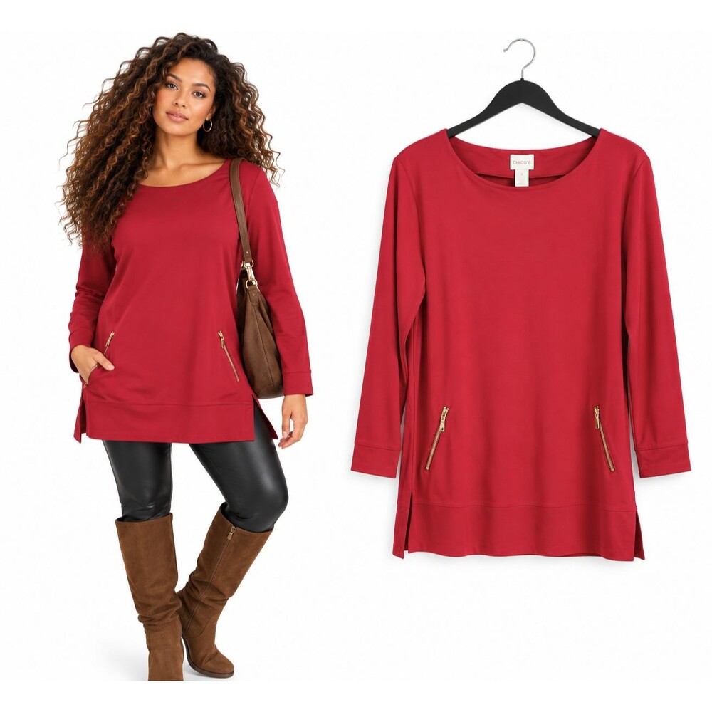 Chicos Tunic Top Size Large Gold Zipper Pockets Knit Red Long Sleeve